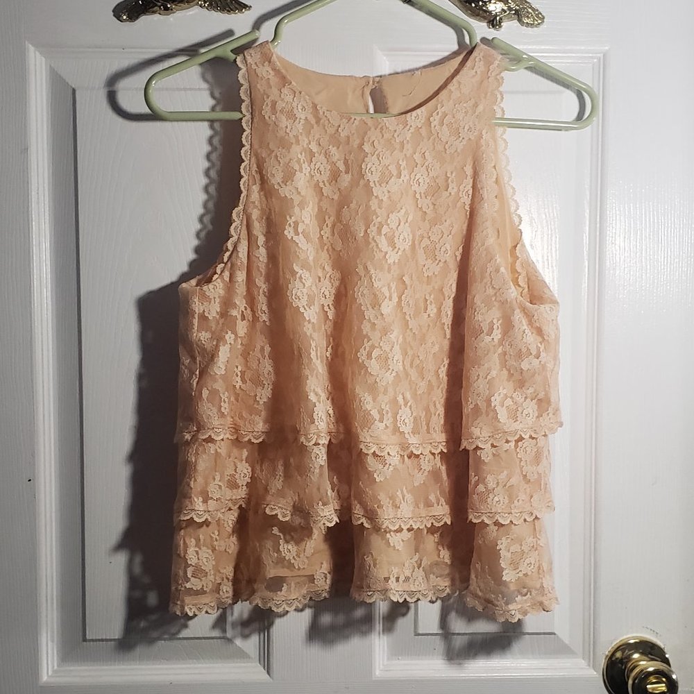 Adorable peach lace tiered Anthropologie blouse